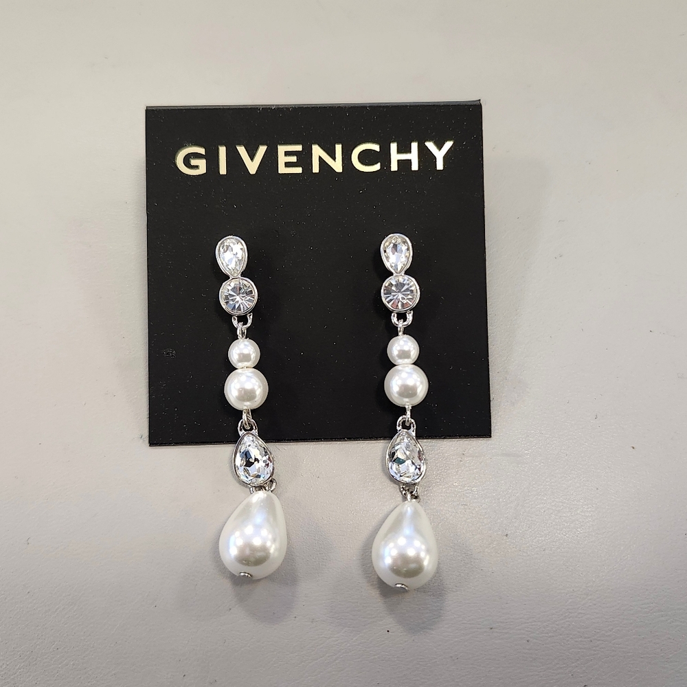 NWT Givenchy Silver-Tone White Pearl Linear Earrings